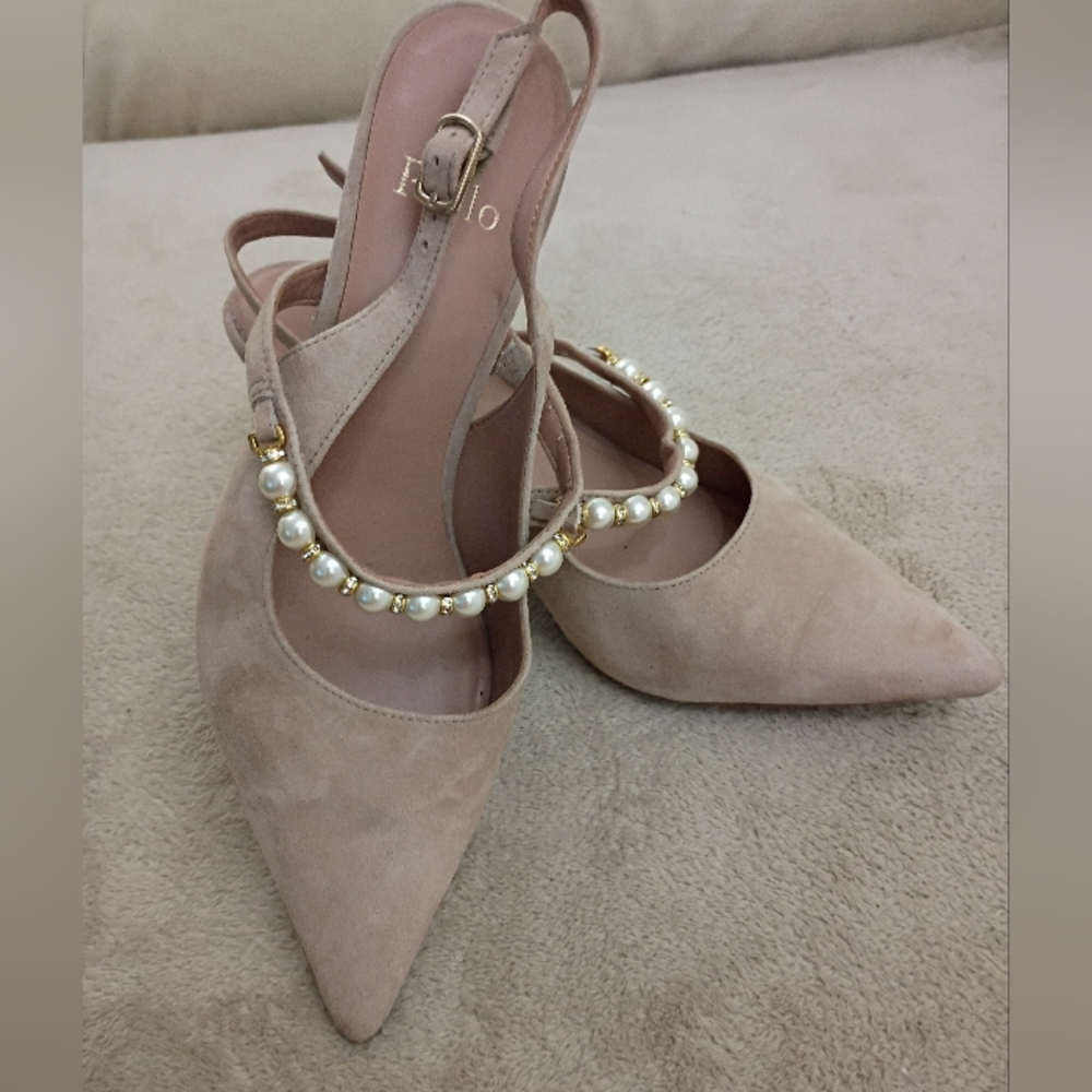 Paolo Tan Slingback Heels with Pearl Accent